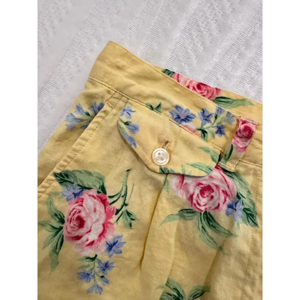 Lauren Ralph Lauren High Rise Shorts Yellow Floral Linen Women's ~24.5" Cottage - Picture 9 of 12